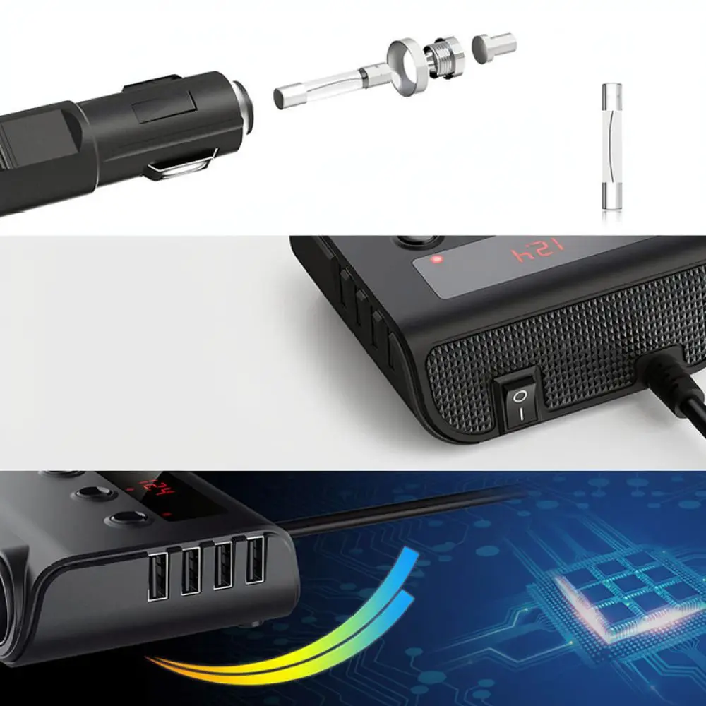 For Huizhongnuo Car Lighter Extender 7 In 1 Power Adapter 4 USB Charger Socket 120W With Independent Switch LED Display
