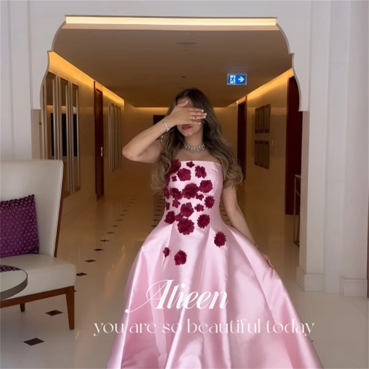 Aileen Off the Shoulders Satin 3D Flowers A-line Pink Graduation Dresses for Special Occasions Elegant Wedding Party Dress Woman