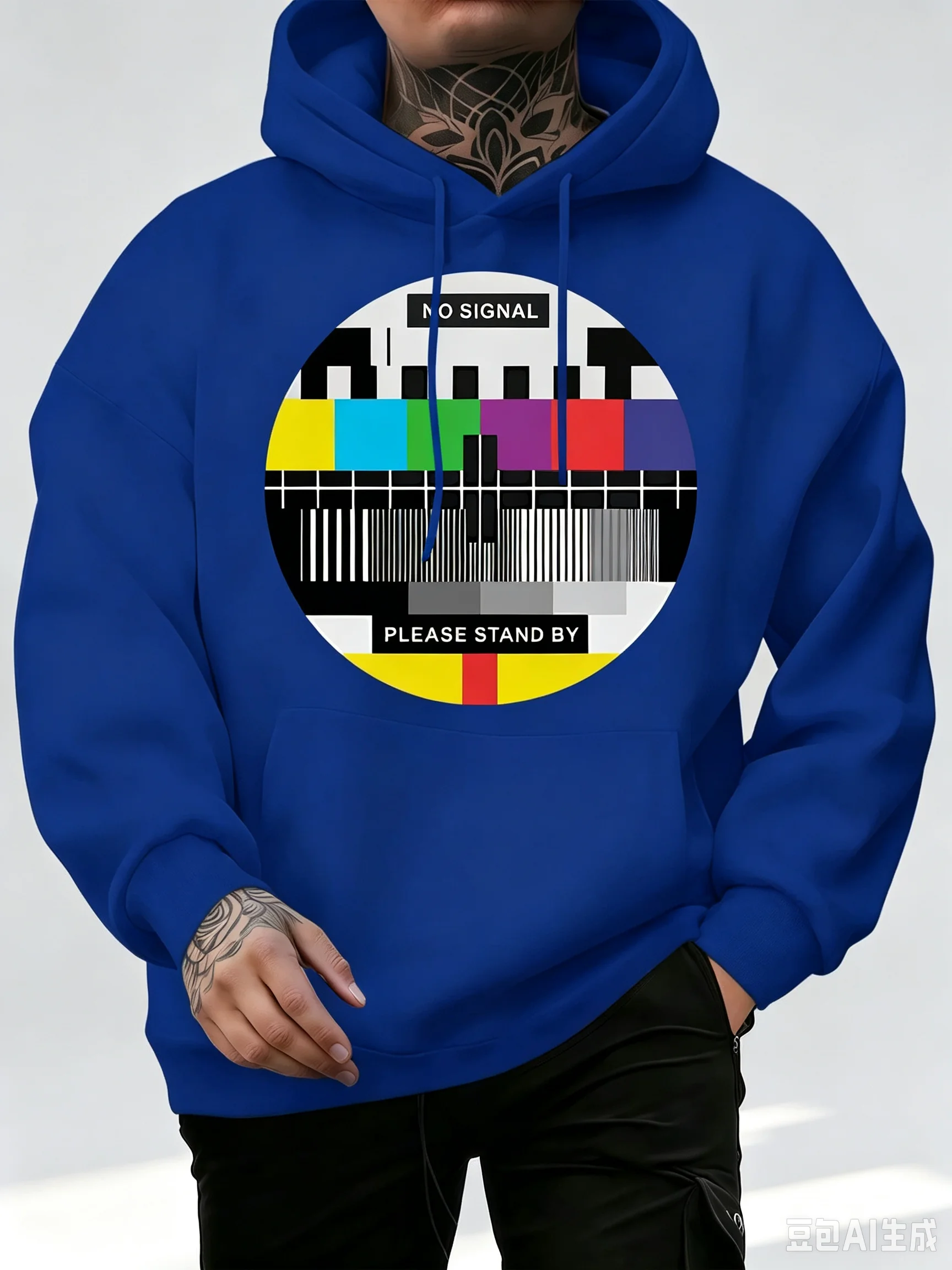 Men Retro Oversized Hoodie Autumn Winter No Signal Please Stand By TV Test Screen Graphic Daily Casual Hooded Sweatshirt