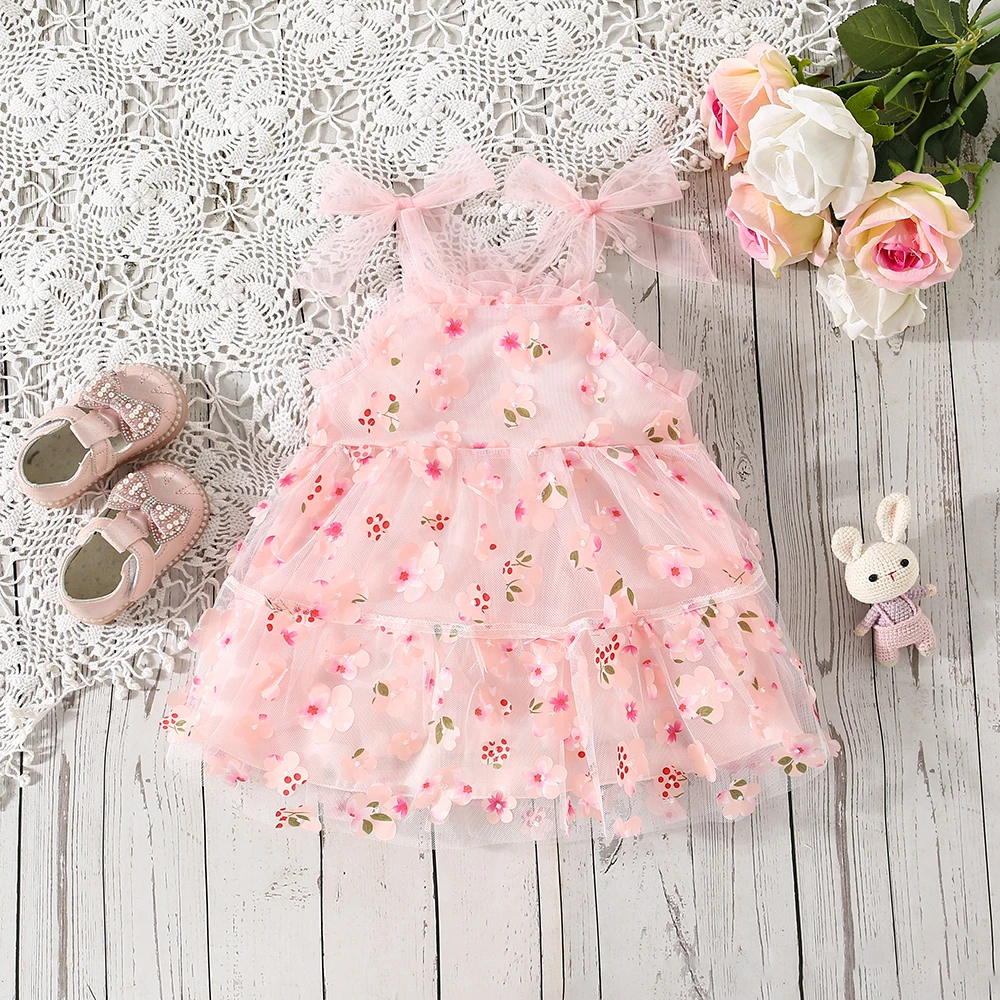 (0-3 Years Old) Summer Baby Girl Wearing Petal Suspender Princess Dress, Girl Mesh Birthday Party Dress