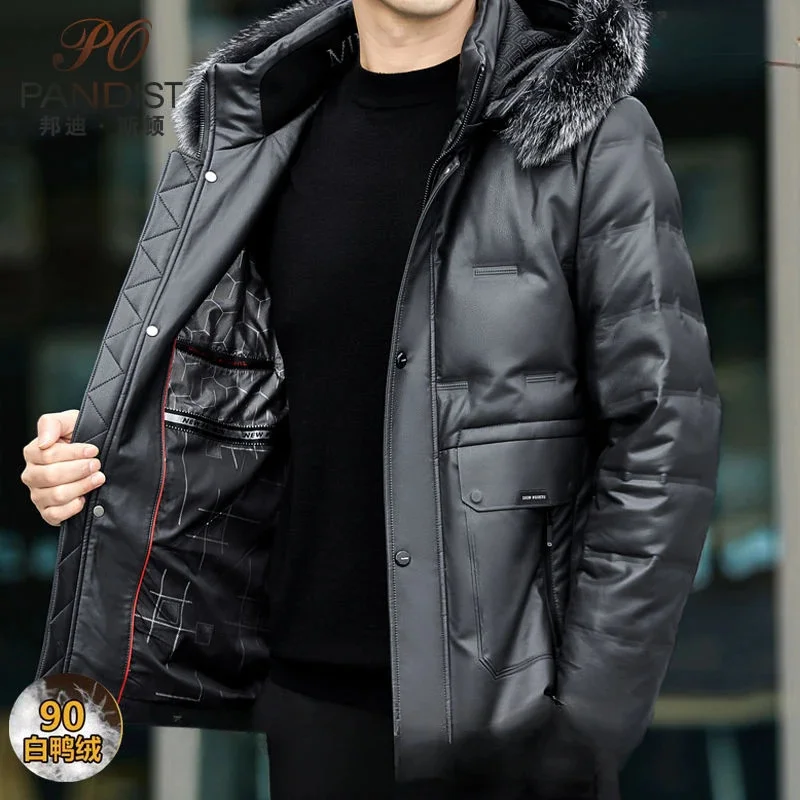 2023 New Artificial Coat Men High-End Fake Fox Fur Collar Solid Color Pure Leather Outerwear Hooded Casual down Jacket