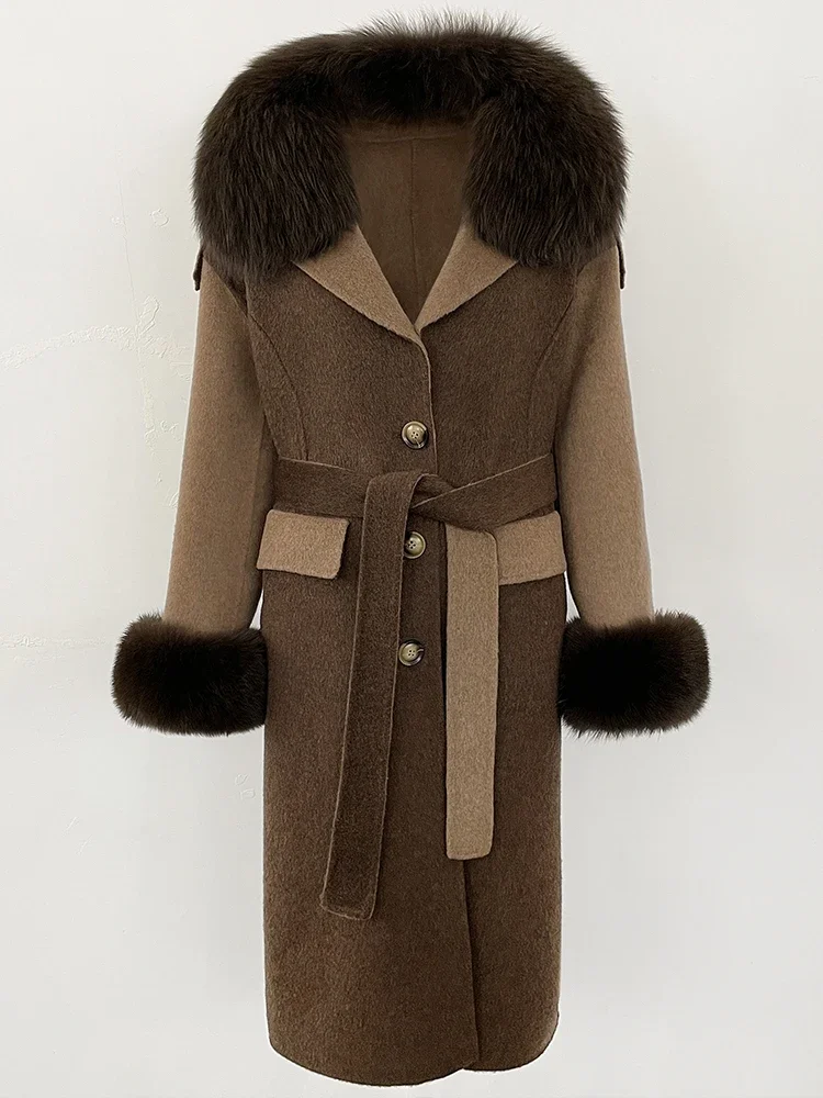 Frauen Patchwork doppelseitigen Woolen Kaschmir Mantel Echt Fox Pelz Manschette Wolle Jacke Weibliche Neue Winter Echtpelz Kragen kleidung