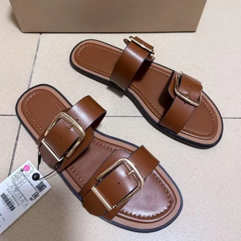 

Double Buckle Strap Women Beach Shoes 2025 Summer Casual Open Toe PU Leather Brand Designer Comfort Flat Bottom Female Sandals
