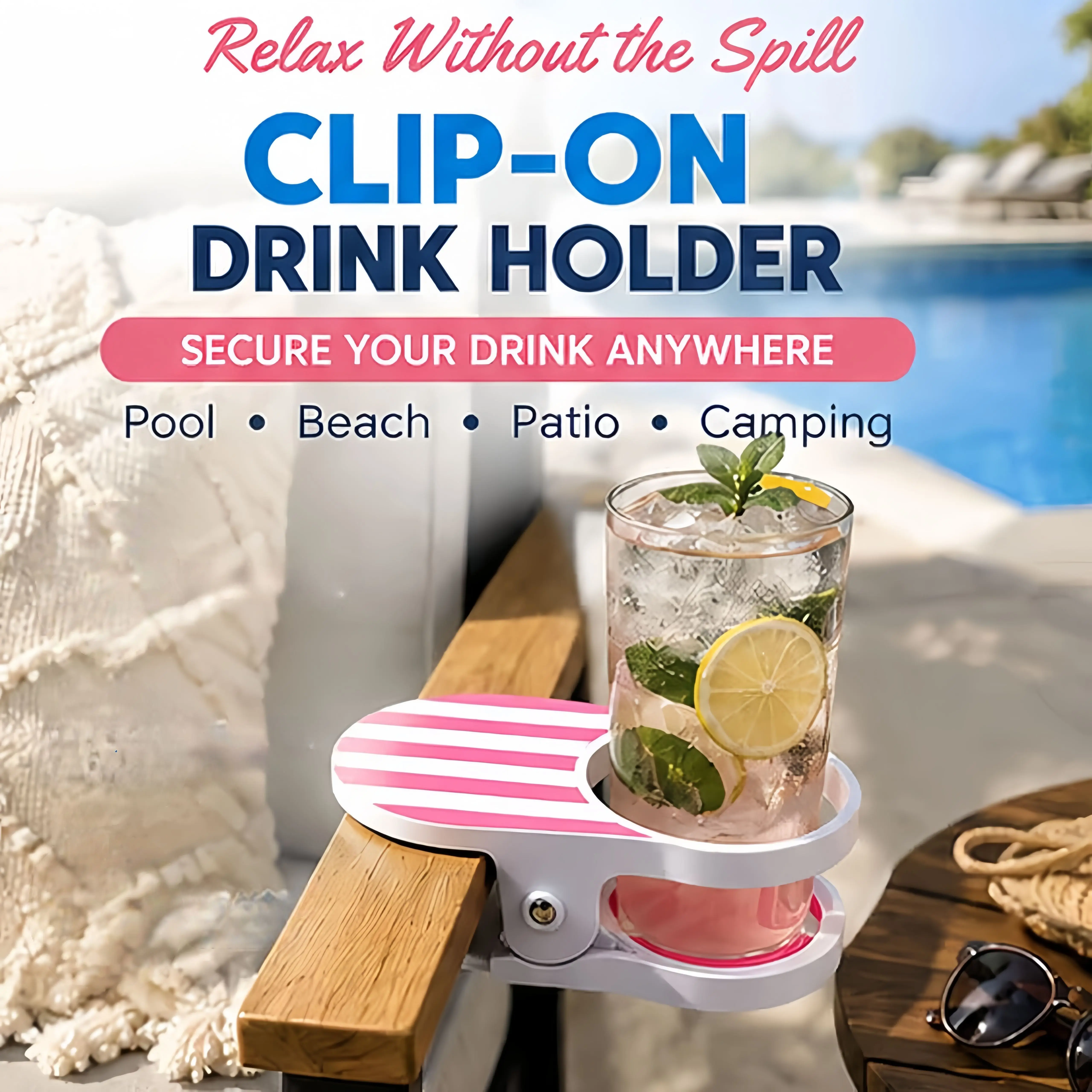 Clip-On Drink Holder, Clip on Drink Holder for Beach Chair, Hanging Desk Cup Holders Clamp, Universal Cup HolderClip, for Beach
