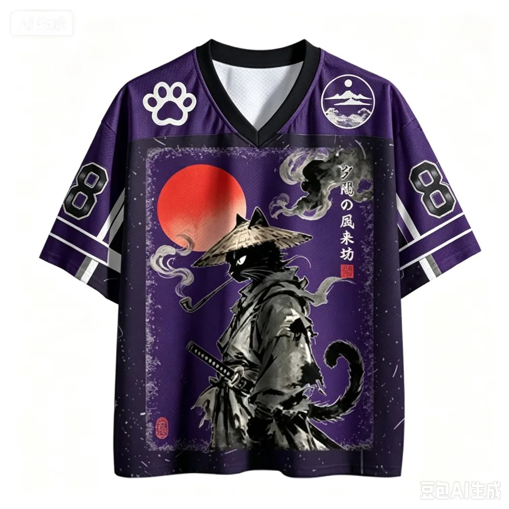 Men Japanese Samurai Cat Ukiyo-e Ink Paint Graphic V-Neck Football Jersey Unisex OversizedBreathable Short Sleeve Streetwear Top