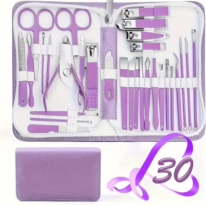 30 pieces, purple professional nail set, anti-splash nail clippers stainless steel nail clipping cuticle tools