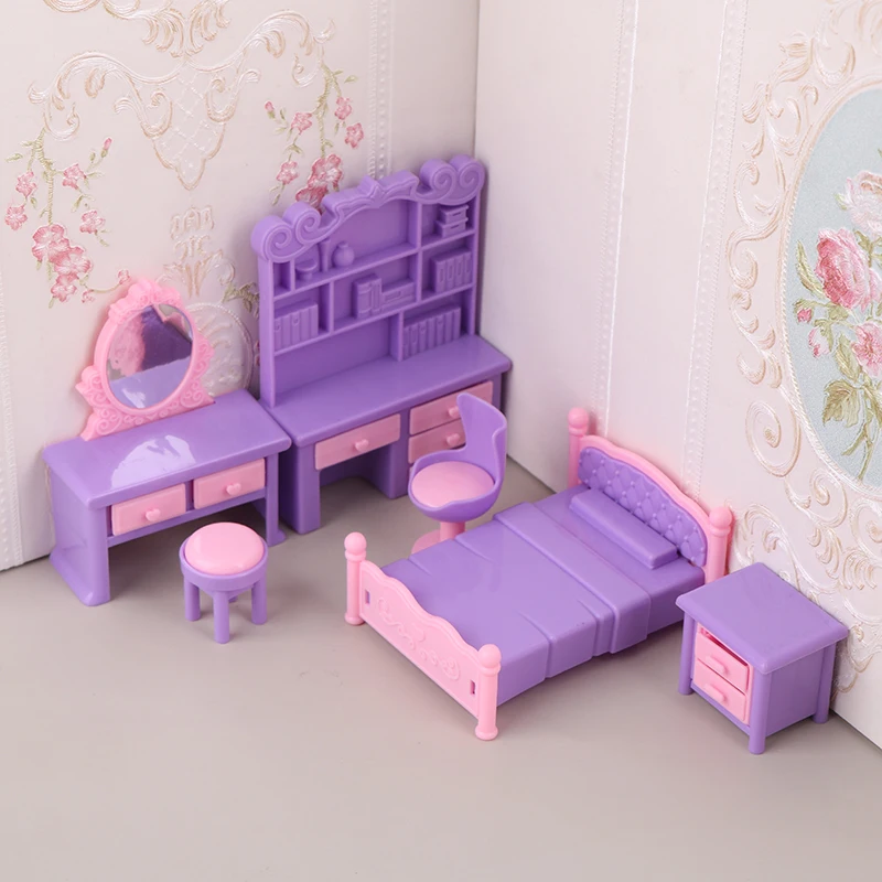 ●6Pcs/Set 1:12 Dollhouse Miniature Desk Chair Dressing Table Bedside Table Bed Furniture Model Decor Toy Doll House Accessories