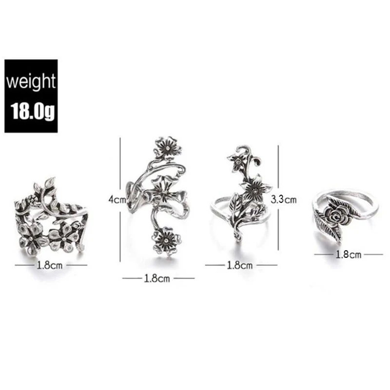 4pcs/set Antique Silver Color Vintage Bohemia Ring Set Rose Flower Rings For Women Charm Bohemia Floral Knuckle Ring view 2