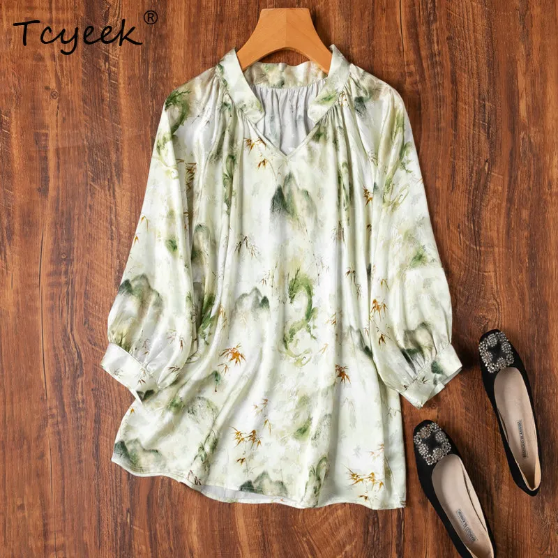 

Tcyeek 100% Mulberry Silk Blouse Elegant Blouses for Women Summer Clothes V-neck Loose Fit Ladies Tops Print Рубашка Женская