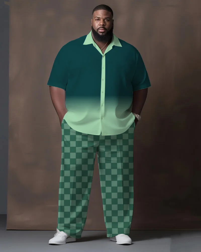 

S-9XL Men's Large Size Plaid Short Sleeve Shirt and Long Pants Two-Piece Set