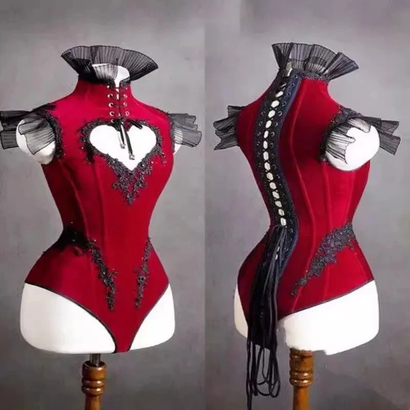 ❤️❤️❤️Red Cutout Love Strap suit Cosplay Gogo Costume Women Jazz Dance Outfit Bar Nightclub Dj Ds Stage Performance Wear❤️⭐️❤️ view 2