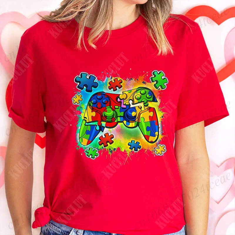 Autism Awareness Video Game Controller Women T-Shirt Autism Awareness Month Graphic T Shirts Summer Harajuku Short Sleeve Tops