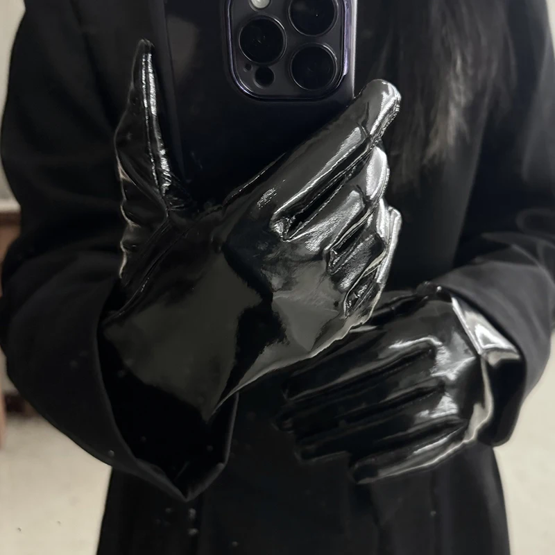 Women's Patent Leather Gloves Men's Leather Gloves Shiny Black Party Evening Short Gloves