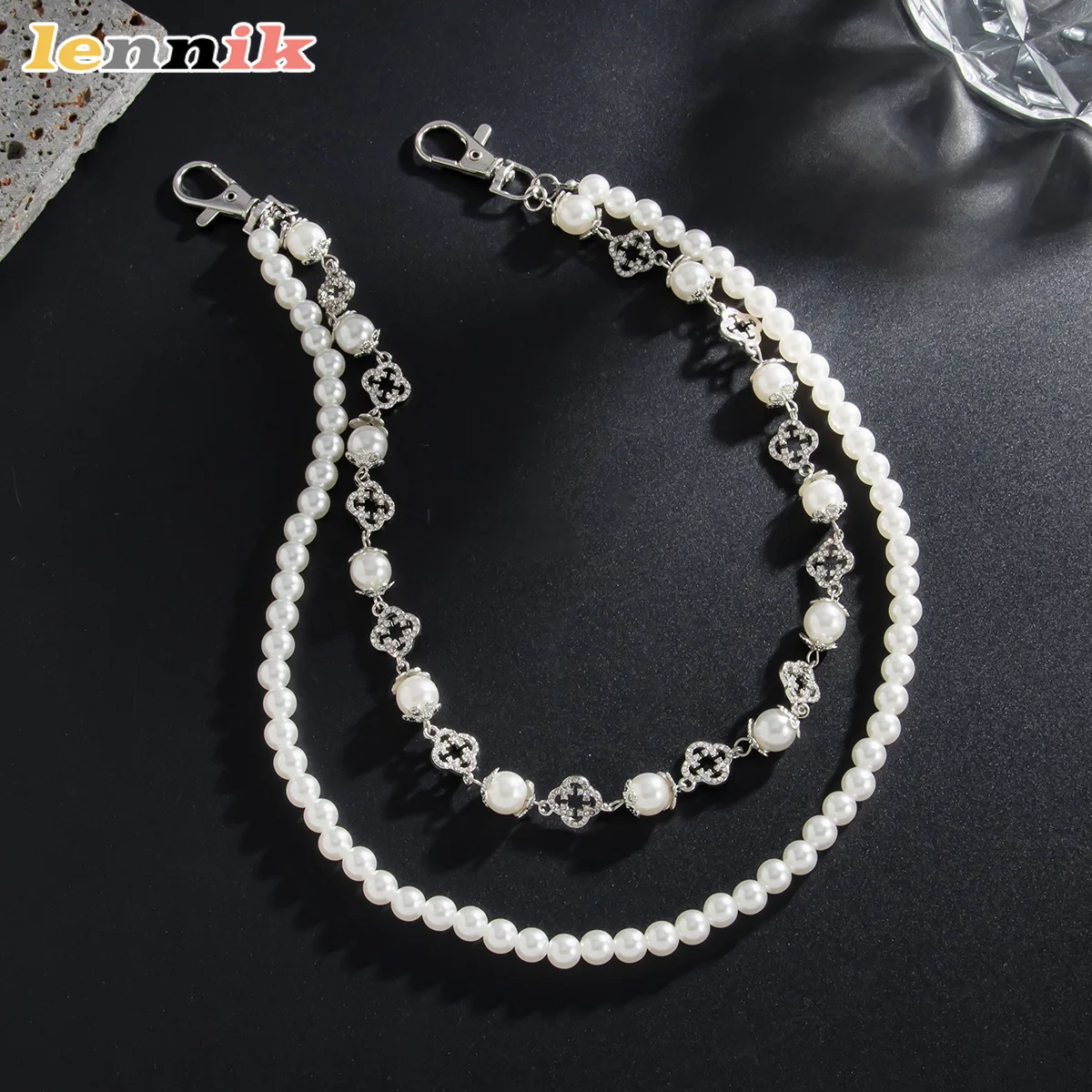 Punk Style Jeans Chain, Imitation Pearl Drop with Crystal Flower Accessory,, Men's Niche Hip Hop Jewelry,Cross-Border Streetwear