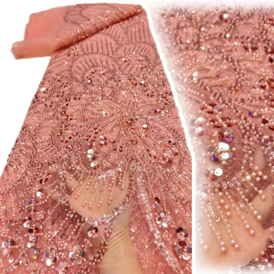 

Pink African Heavy Beaded Lace Fabric 2026 High-Quality Nigerian Sequined Lace Fabric Wedding Party Dress Fabric 5 Yards 2318