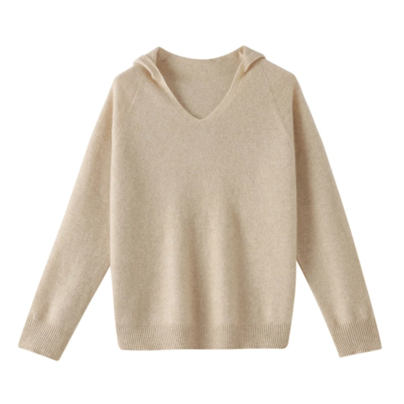 Autumn/Winter new cashmere sweater for women 100% Merino wool fashion V-neck hooded autumn warm jumper top