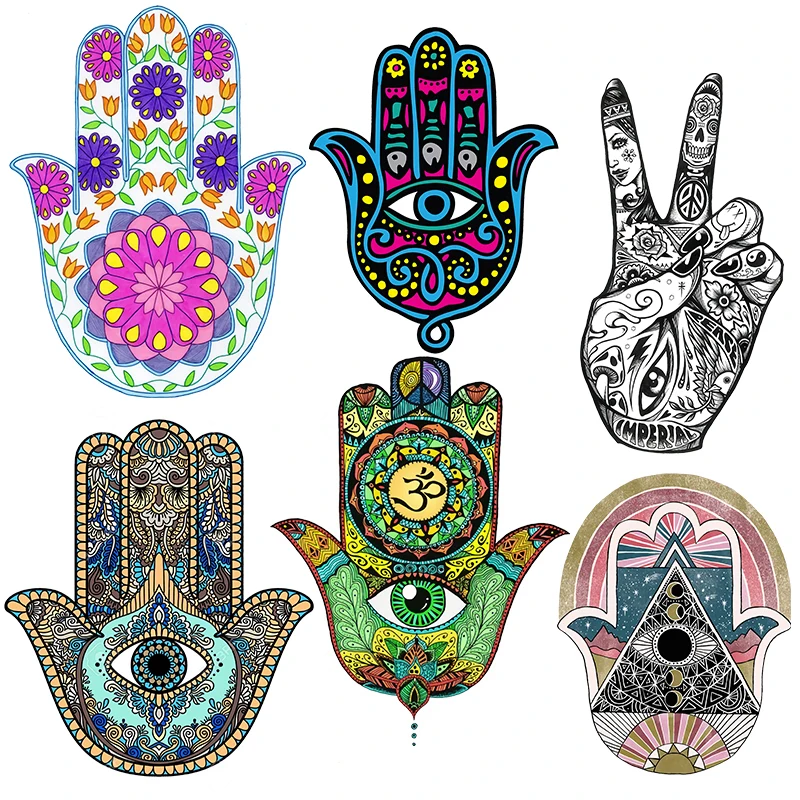 Colorful Hand Of Fatima Mandala Flower Heat Transfer Yoga gestures Patches Washable T-shirt Sticker Iron on Clothes Decoration