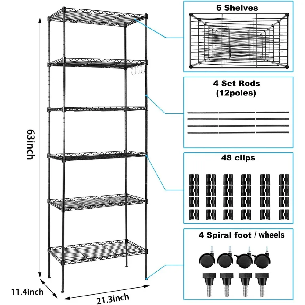 Devo ชุดชั้นวางของในครัว6ชั้น, ชั้นเหล็กเก็บของแบบปรับได้, ชั้นวางลวดสำหรับงานหนักพร้อมตะขอด้านข้าง, ตู้กับข้าว