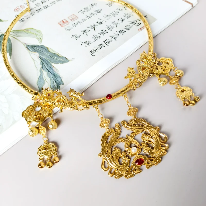 Chinese Retro Collar Hanfu Accessories Phoenix Auspicious Dragon Element Gold Pendant Necklace