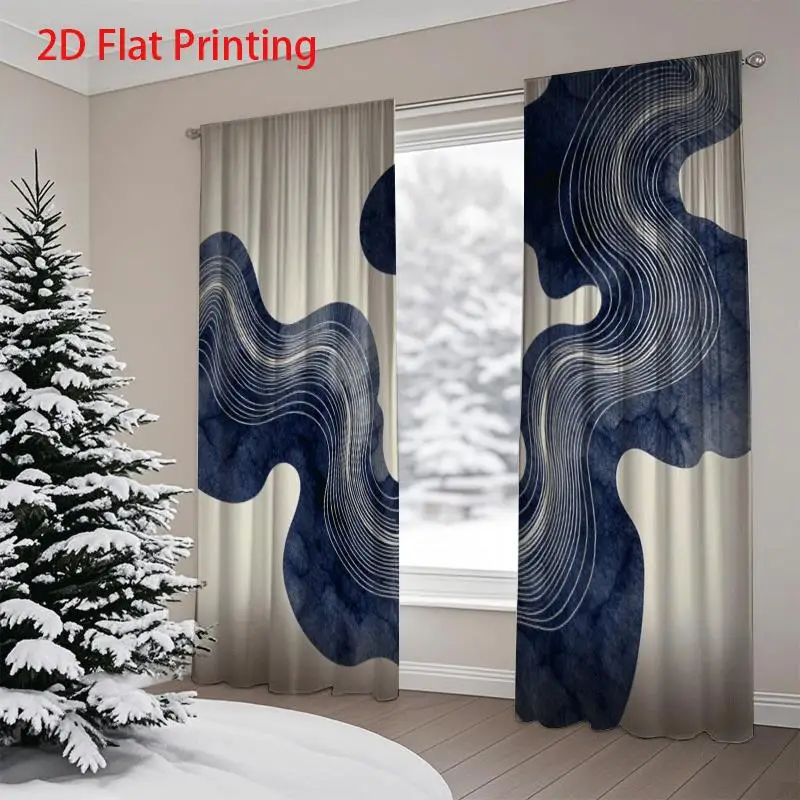 Abstract Wave Pattern Curtain Pair 2pcs Modern Living Room Window Drapes Blue Home Decor Curtain Panel Set for Bedroom Bathroom