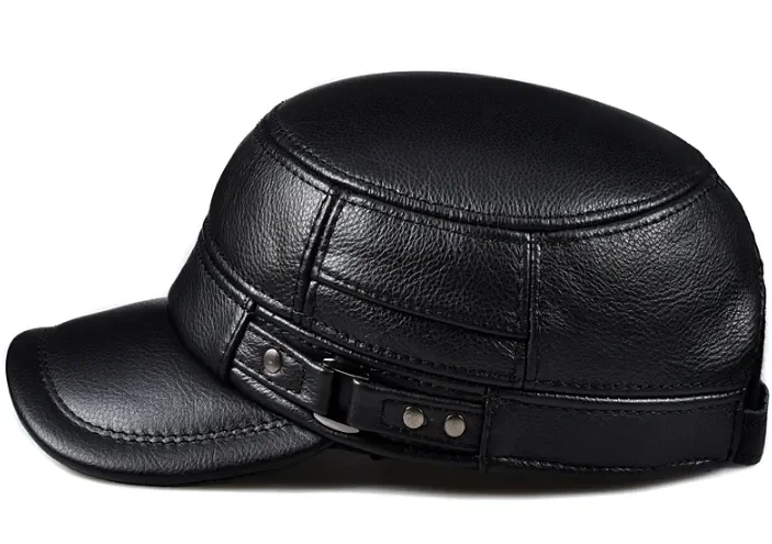 Winter Genuine Leather Cap Men's Flat Caps Military Hat Elegant Man Baseball Cap British Vintage Cowhide Ear Warm Hat