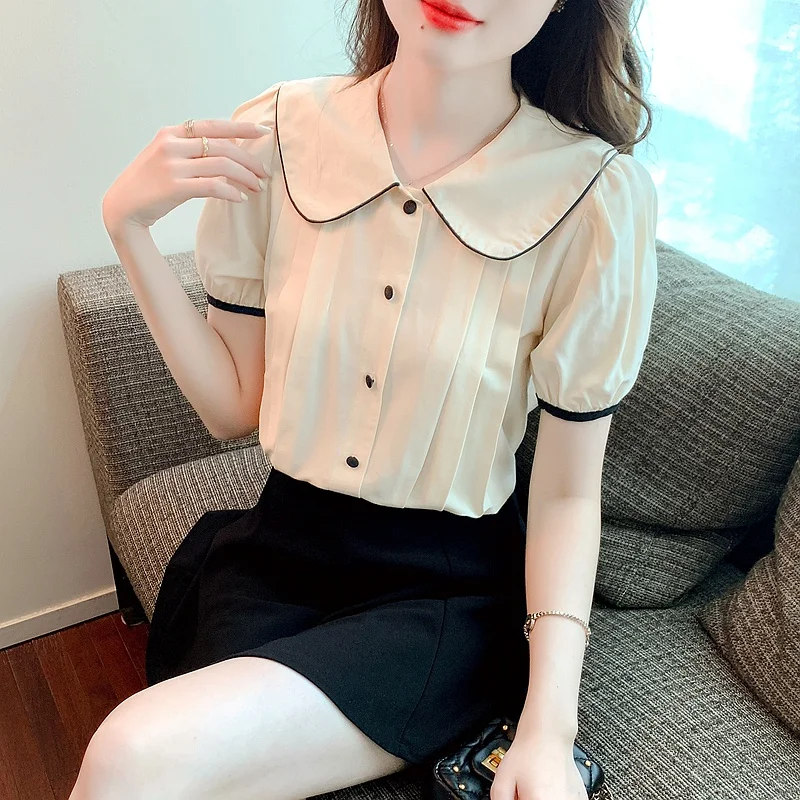 Fashion Casual Doll Collar Short Sleeve Blouse Women's Summer 2023 New Retro Shirts Tops