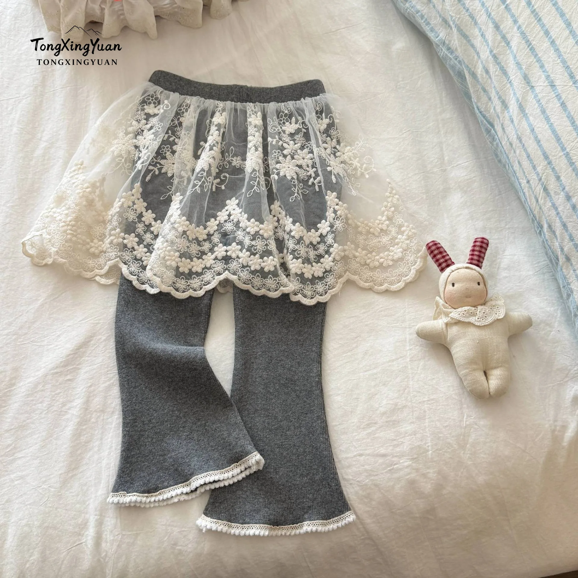 Sweet Beauty Lace Leggings Fart Curtain Spring Autumn Winter Girls' Fake Two-piece Half Skirt Slightly Flared Skirt Pants