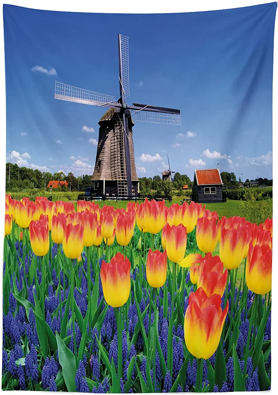 Tulip Blooms with Classic Dutch Windmill Netherlands Countryside Spring Picture Table Cover for Dining Room Kitchen Décor