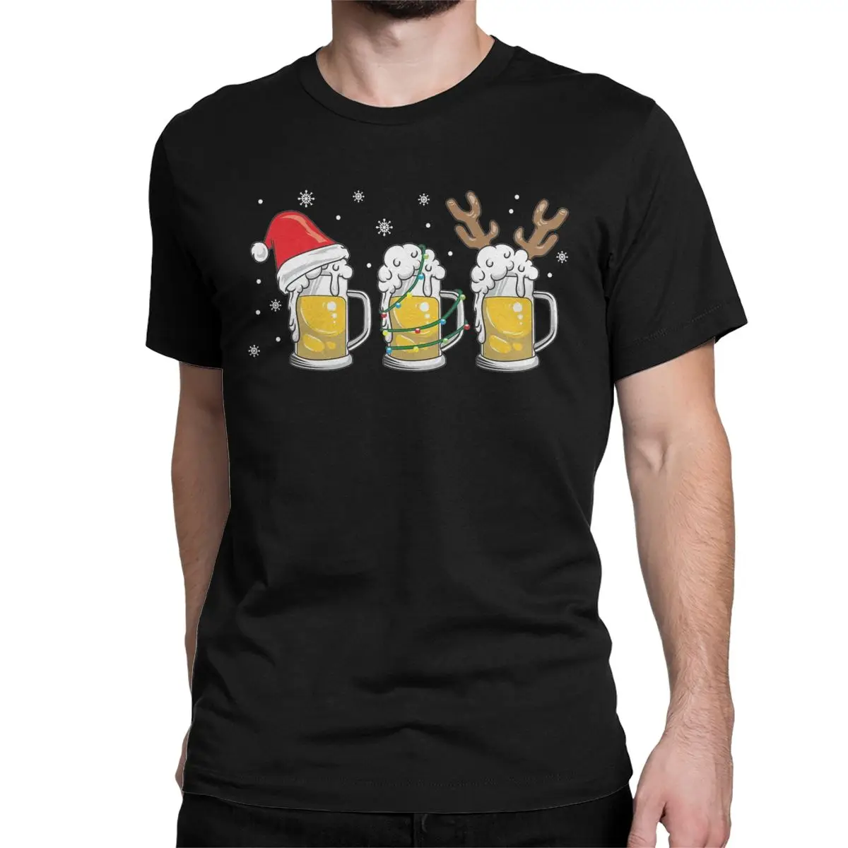 Christmas Beer Mugs Reinbeer Santa Hat Xmas Men T Shirt Fashion Tees Short Sleeve Crew Neck T-Shirts Pure Cotton Gift Idea Tops