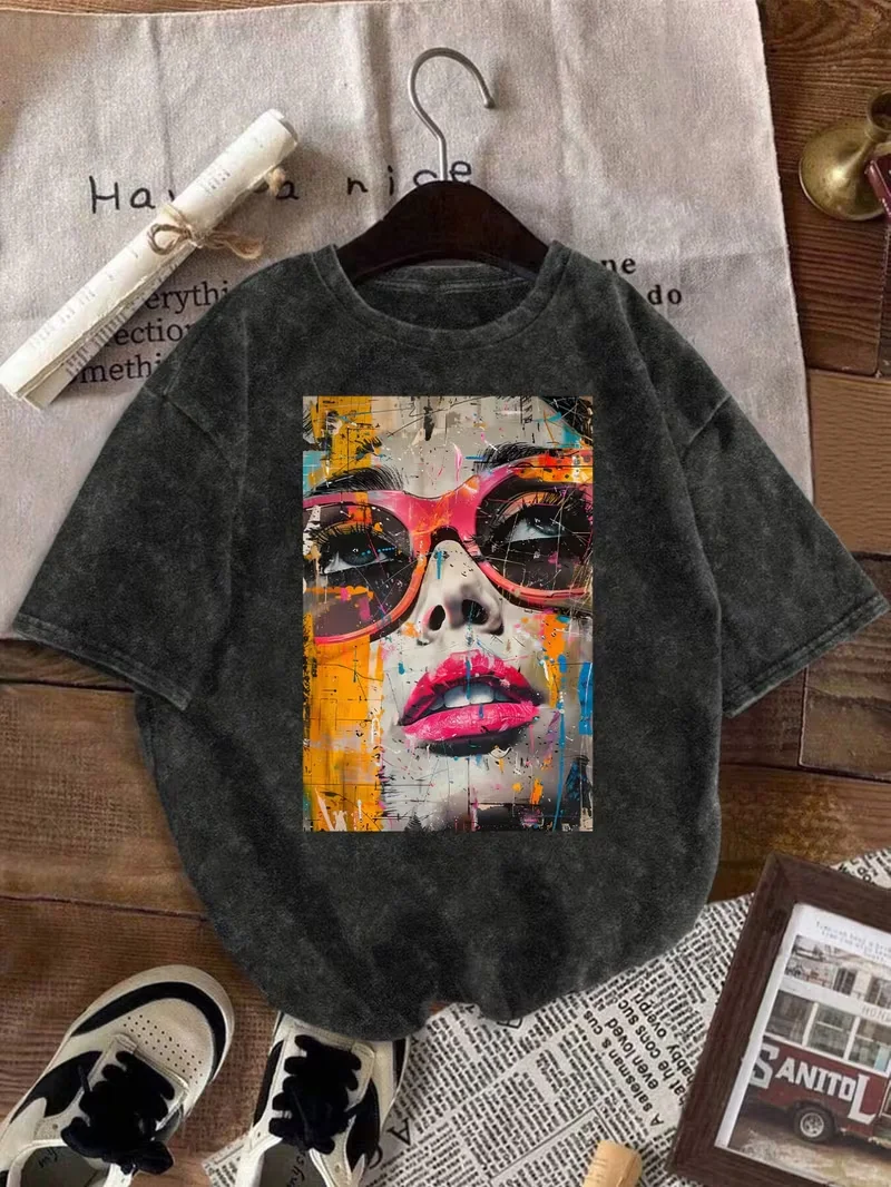 Graffiti Pop Art Frauengesicht T-Shirt Retro Distressed Streetwear Kunstdruck Tee Lässiges Oversize Kurzarm-Oberteil für Damen und Herren – Detail 3