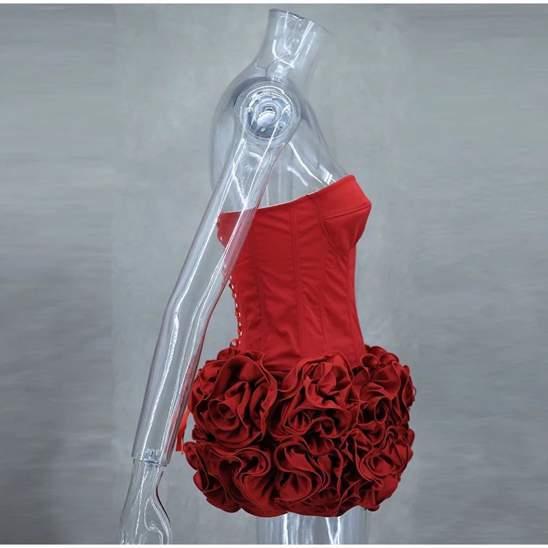 Sexy Strapless Red 3D Flowers Dress Outfits Women Bandage Backless Tube Top Mini Skirts Lady Celebrity Party Cocktail Skirt Suit