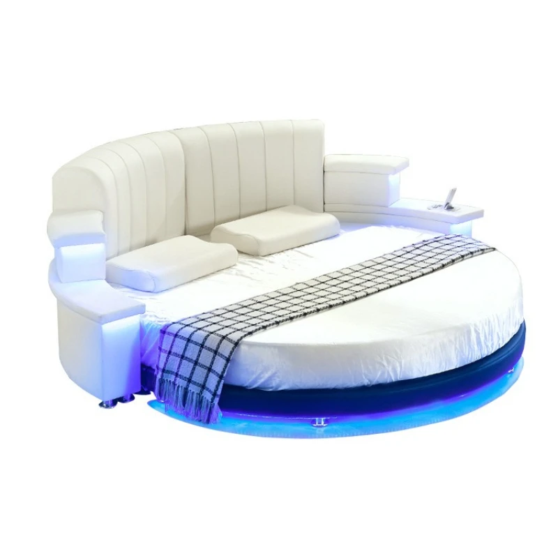 

Bedroom Furniture Round Leather LED Light Hotel Round Bed, Audio Double Bed, Fashion Music Bed