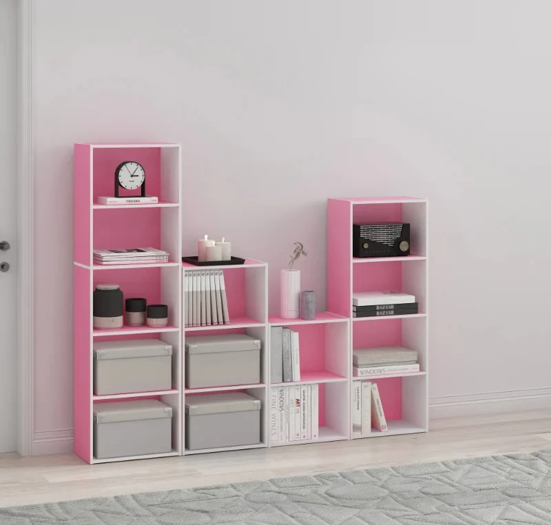 Estante Aberta Estante, Rosa e Branco Livro Prateleira Móveis, 4-Tier