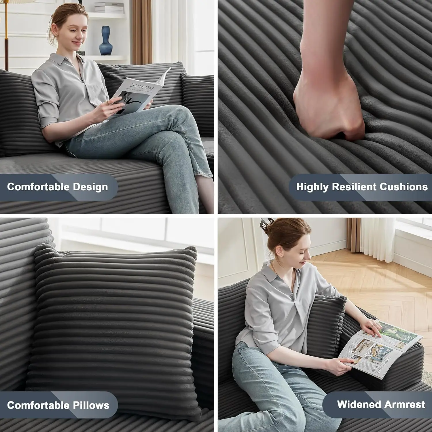 Sofá Modular Seccional de 110 polegadas, Assento Profundo, Fluffy, em Forma de L, Chaise para Sala de Estar, Cinza Escuro, Personalizado