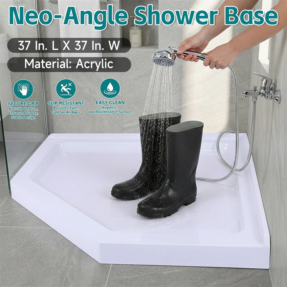 

Neo-Angle Shower Base with Corner Drain Shower Tray Non-Slip Textured Surface 37 In. L X 37 In. W for Modern Bathrooms RV Camper