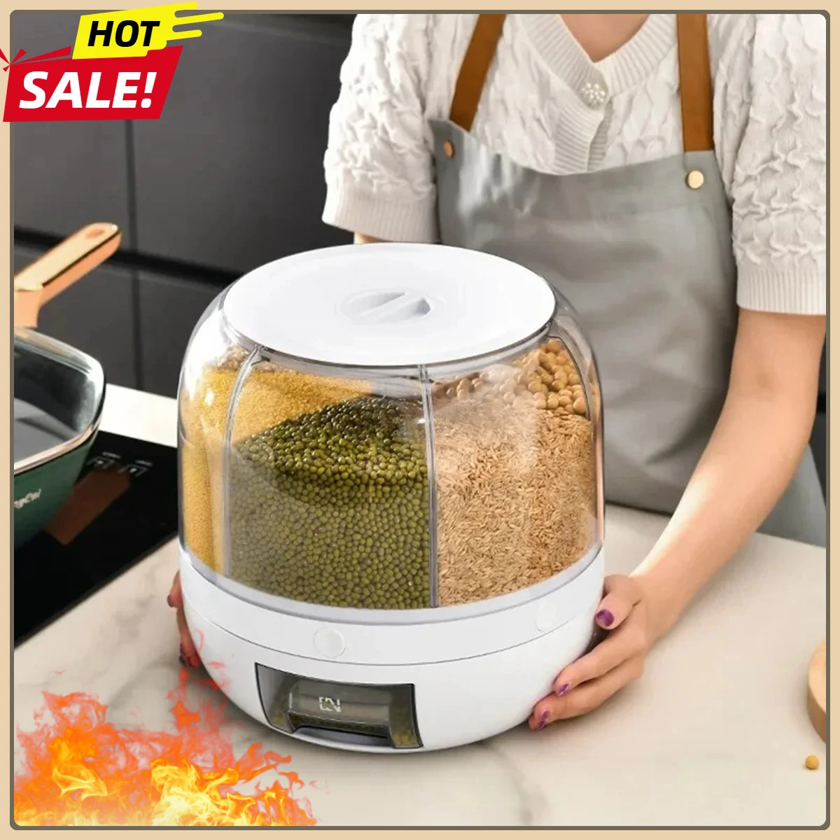 Dispensador de cereales giratorio de 6 compartimentos, contenedor de almacenamiento de cereales con diseño sellado transparente