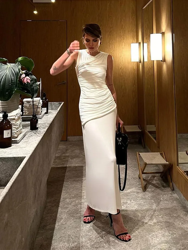 Elegante Solide Plissee Slim Fit Lange Vestido Frauen Ärmellose Rundhals Off Schulter Hohe Taille Kleider Weibliche Party Abendessen Tragen