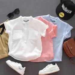 Boys Clothing Summer Cotton Fashion Thin Solid Color Round Neck Spliced Pocket Button Loose Casual Korean Version Polo Shirt