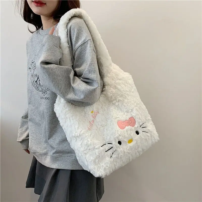 Cute Hello Kitty Large Capacity Plush Fluffy Shoulder Bag for Women, Sweet and Cute Zipper Plush Tote Bag for Commuting