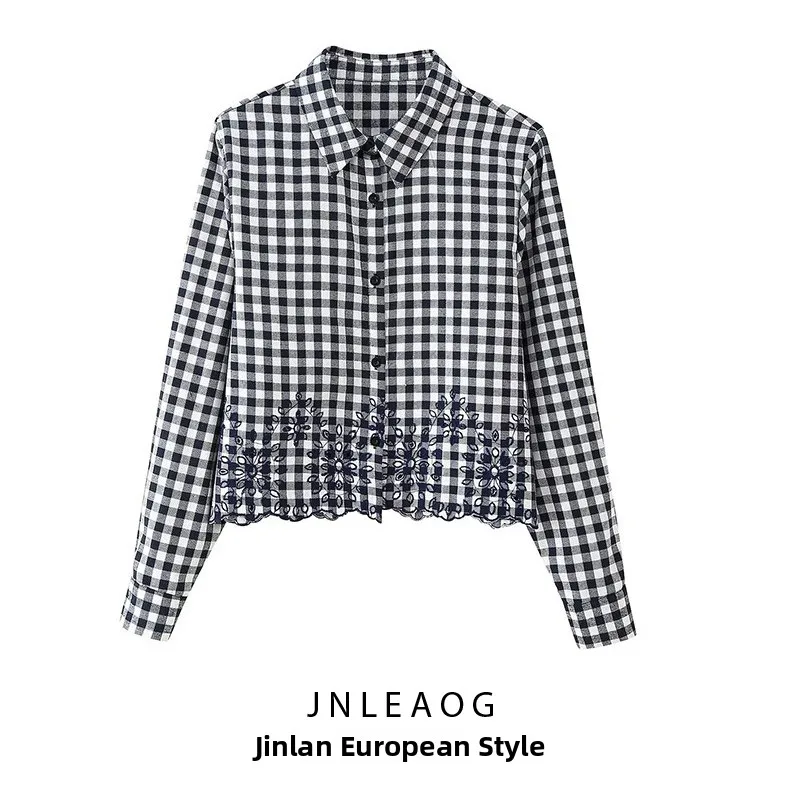 

Модная женская рубашка с вышивкой и вырезами в клетку, весенняя новинка JNLEAOG, из полиэстера, с длинным рукавом, стандартный крой
