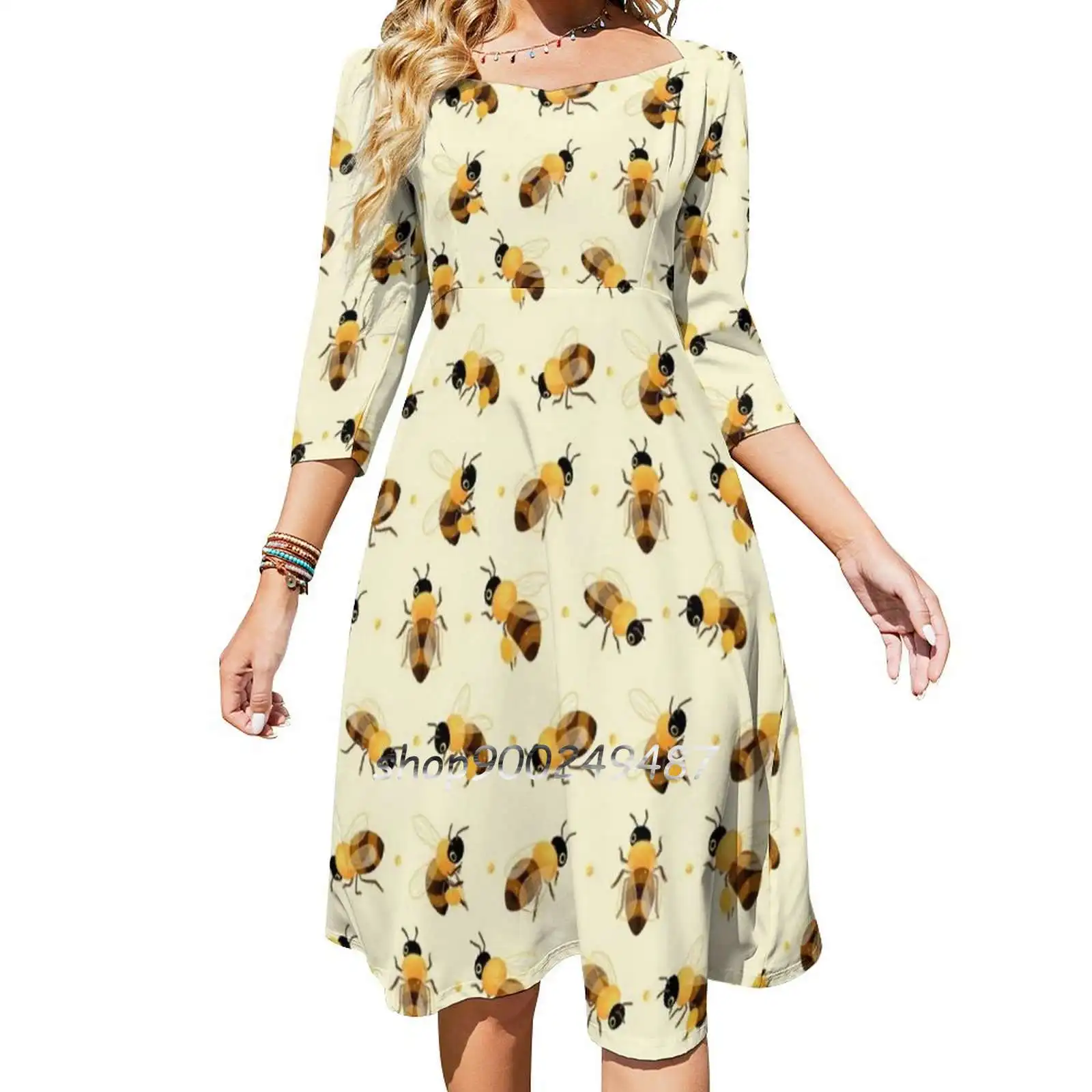 Honey Bees Flare Dress Short and Long Sleeve Dresses Fashion Printed Dress Honey Bees Bees Bee Cottagecore Insect Bugs