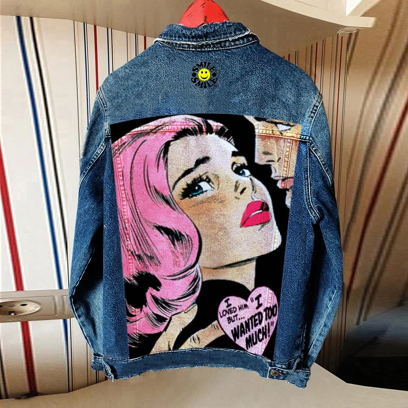 Stylewomen's Denim Jacketwomen's New Clothing 2024 Autumn New Hot Street Fashion INS Net Red Personality Sweet Love Girl Print L