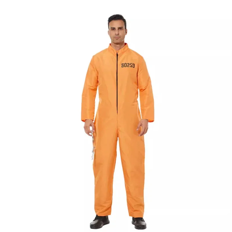 Men Halloween Prisoner Costume Long Sleeve Zipper Front Overalls Jumpsuit with Handcuffs Jail Criminal Clothes