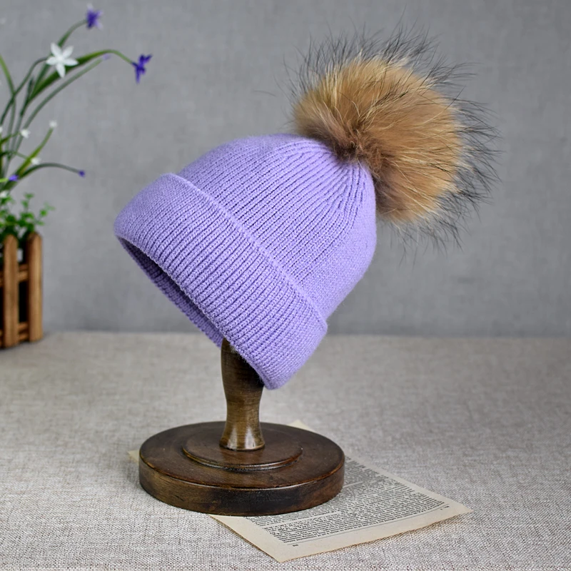 2024 New Natural raccoon fur pompom hat warm fashionable knitted hat for women wool knitted hat women\'s beanie