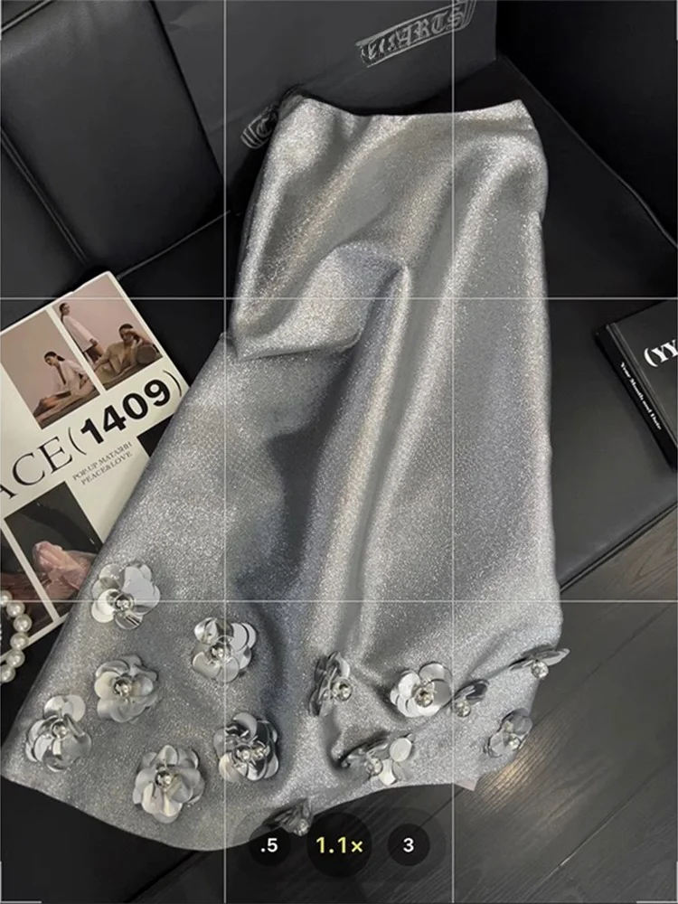

ROUJE KEFSS Sequin Flower Design A-Line Skirt Women's Autumn Winter High Waist Midi Skirts Silver Shiny Half-length Skirts