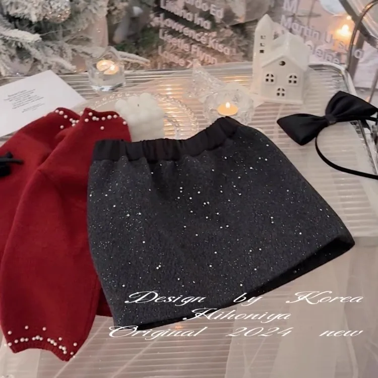 تنورة صوفية مطرزة للفتيات لخريف وشتاء 2025 تنورة بناتي كورية جديدة على الموضة تنورة فتاة على شكل حرف A