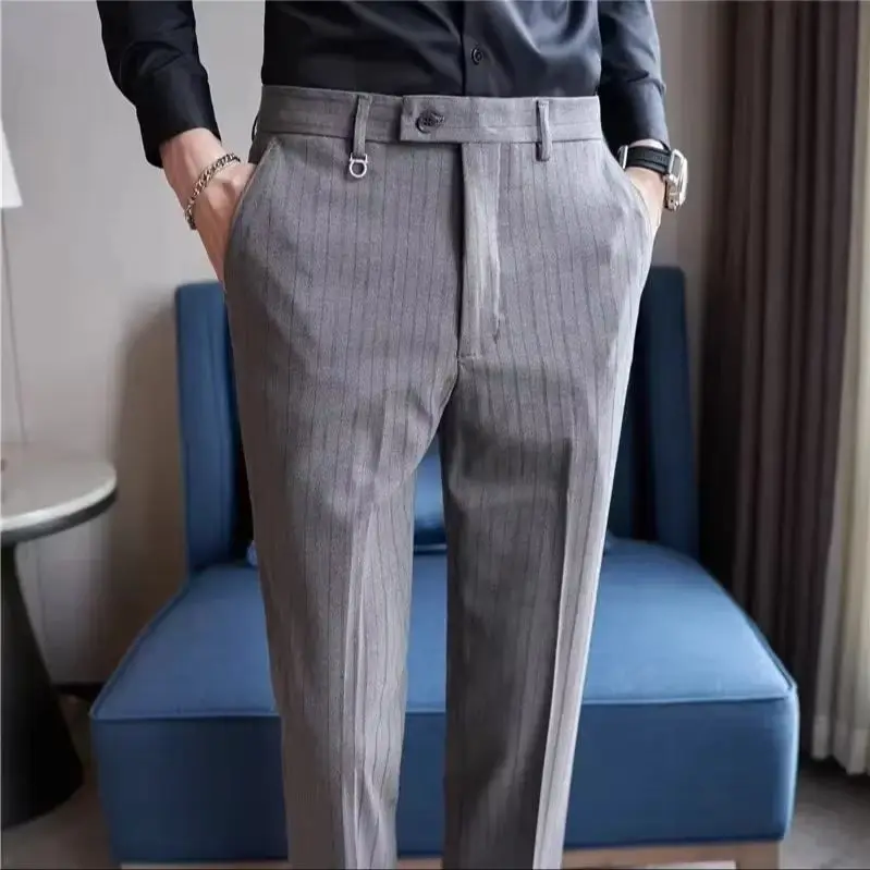 2024 New Gray Plaid Suit Pants Men, Fashionable Slim Streaks Trousers Korean Navy Blue Pantalones Hombre, 28-32,33,34,36,38