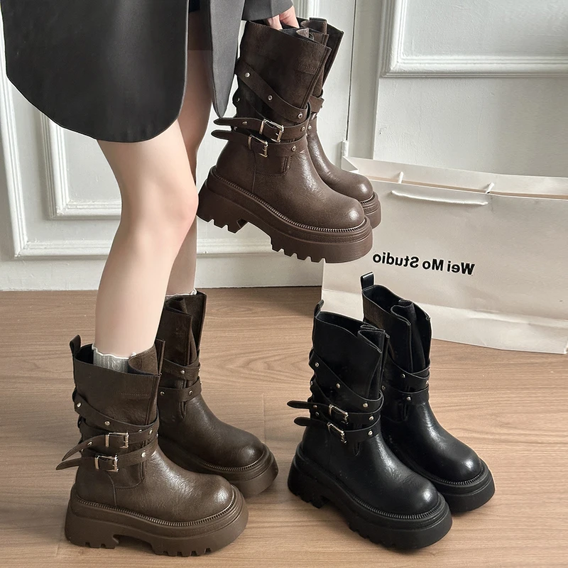 Lined Warm Women Platform Mid Calf Boots Multi Buckle Strap Faux Leather Shoes Casual Autumn Thick Sole Motorcycle Boots