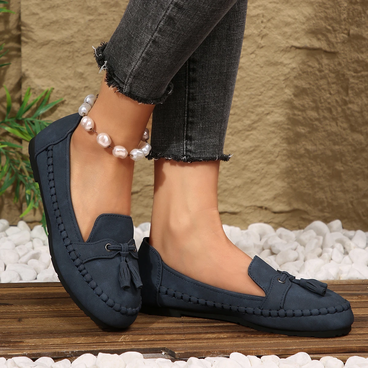 Damen-Loafer mit Quasten, runde Zehenpartie, Slip-On, flache Schuhe, Wildleder-Optik, weiche Sohle, lässige Damen-Mokassins für den Alltag. – Detail 13