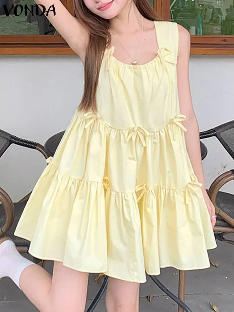 

VONDA Women Bow Mini Dress 2024 Summer Sleeveless Elegant Tank Sundress Casual Loose Pleated Robe Solid Color Short Vestido